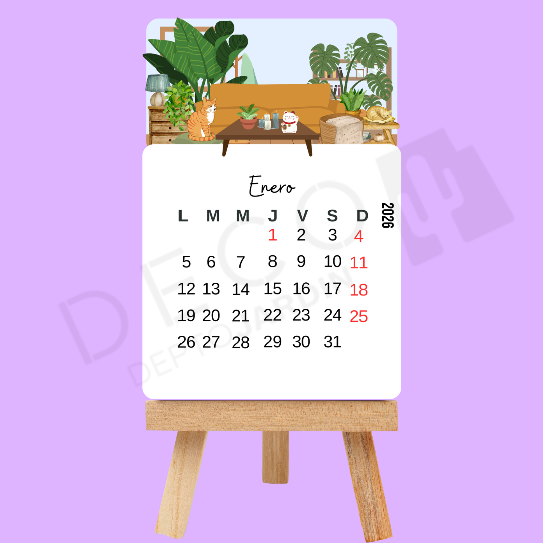 Calendario 2026 "Mi Gato y mi Hogar" con Atril - Ilustración Puzzle 12 Meses